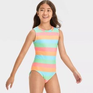 Target Art Class Girl’s Multicolor Striped Swimsuit w/ Zipper Back Sz XS (4/5)